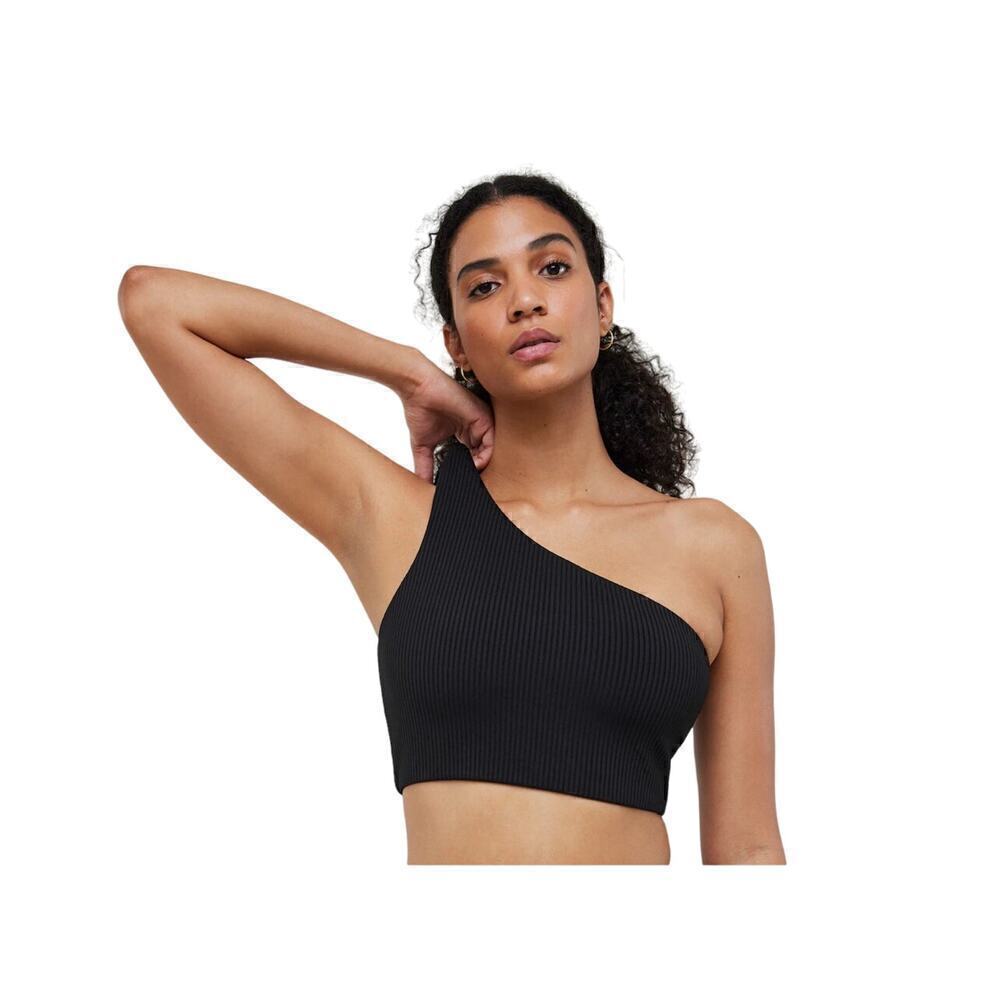 Madewell Women's Ribbed One-Shoulder Longline Bikini Top Black Small
